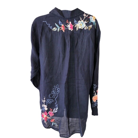 JOHNNY WAS Floral Embroidered Navy Tunic Shirt Top Boho Chic Size Large - Picture 3 of 12